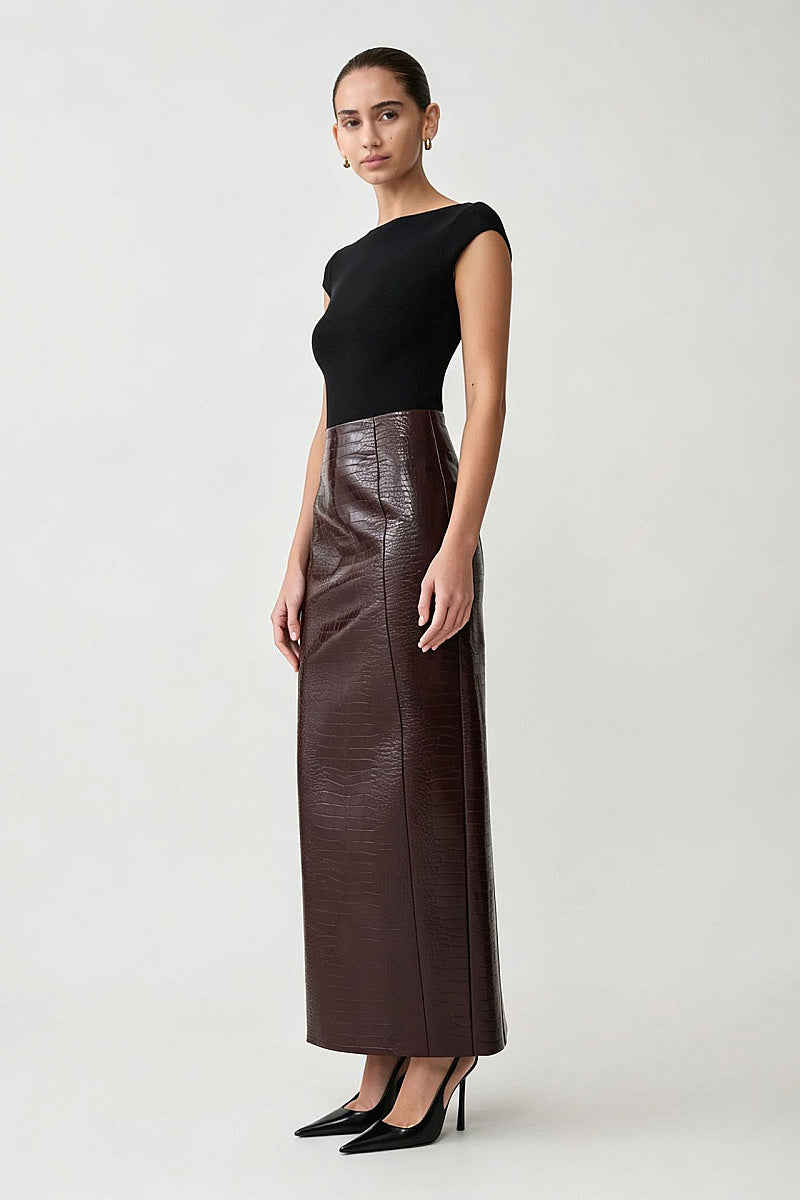 Hada Burgundy Croc-Effect Maxi Skirt