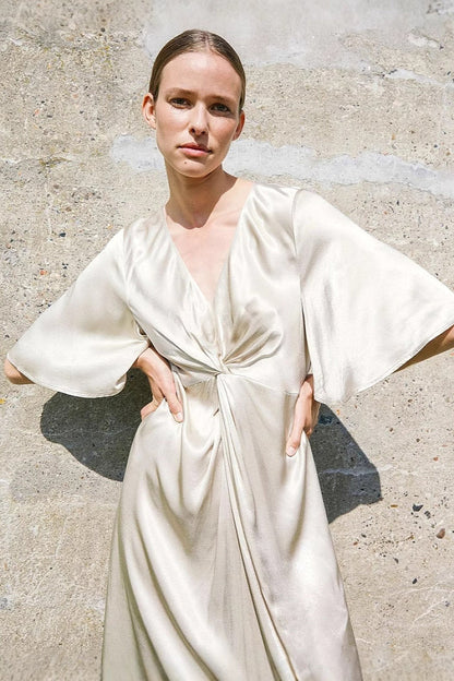 Seola Ivory Satin Twist-Front Maxi Dress