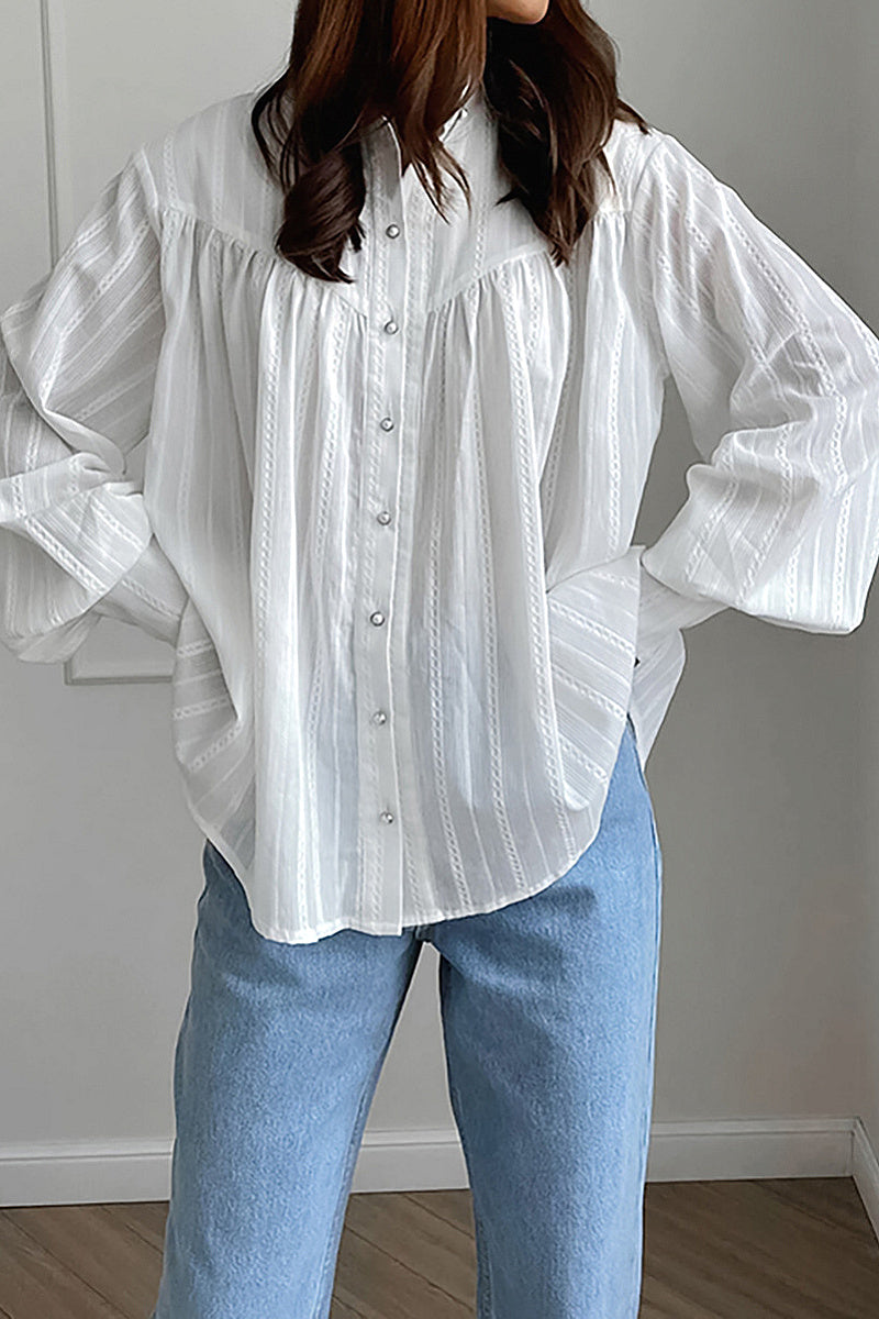 Jiwoo White Gathered Balloon-Sleeve Blouse
