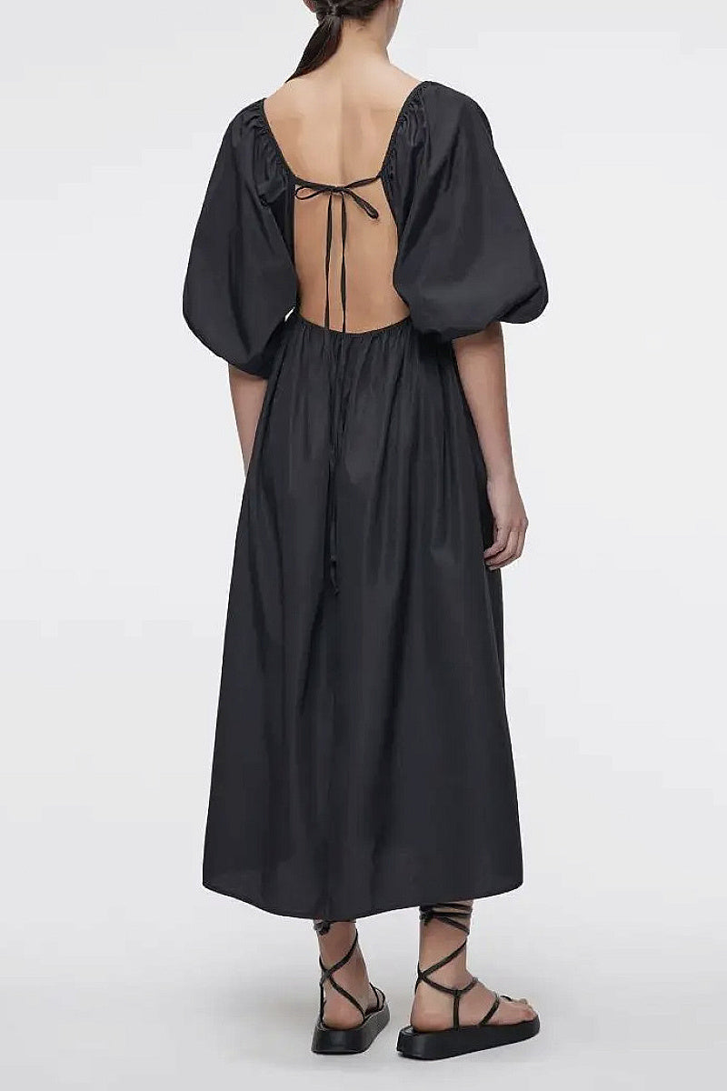 Seoa V-Neck Puff-Sleeve Midi Dress