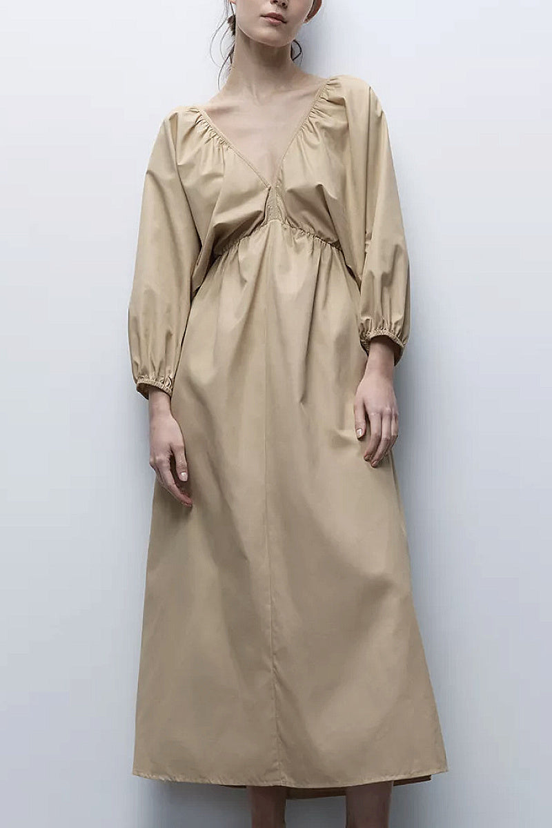 Seoa V-Neck Puff-Sleeve Midi Dress
