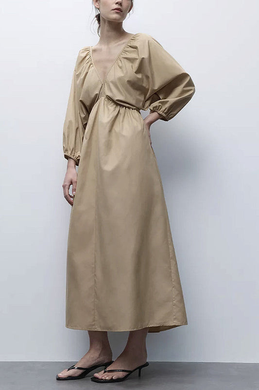 Seoa V-Neck Puff-Sleeve Midi Dress