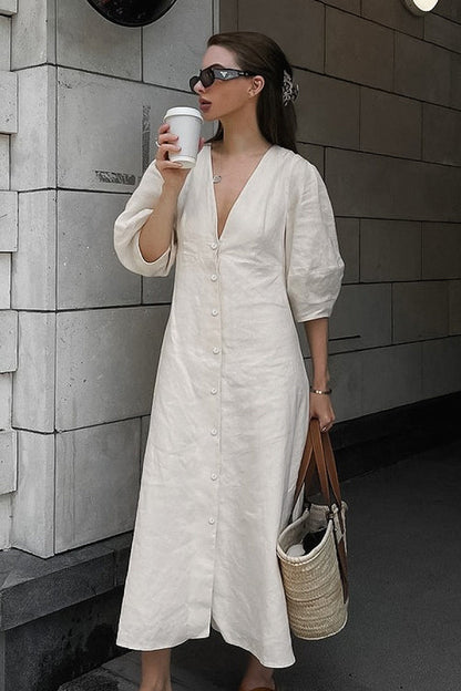 Bora Linen Puff-Sleeve Dress