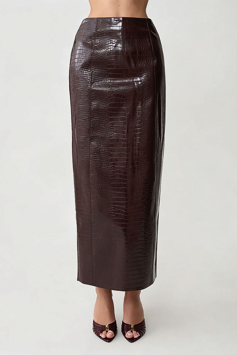 Hada Burgundy Croc-Effect Maxi Skirt