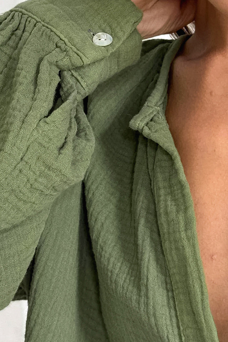 Rian Olive Lantern-Sleeve Shirt