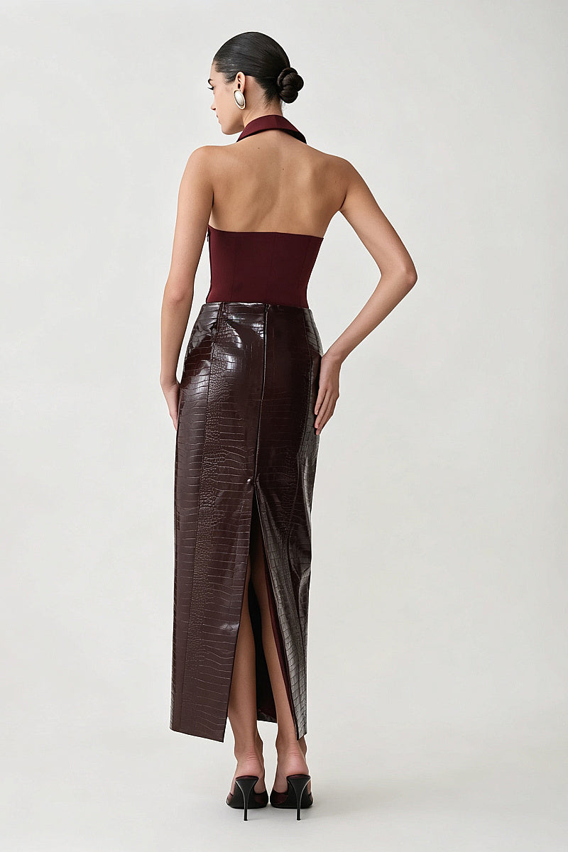 Hada Burgundy Croc-Effect Maxi Skirt