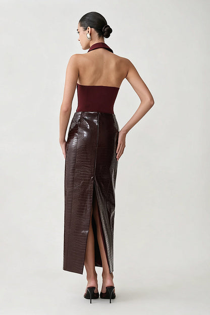 Hada Burgundy Croc-Effect Maxi Skirt