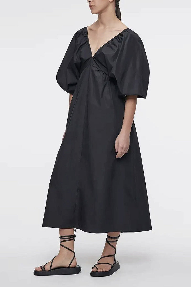 Seoa V-Neck Puff-Sleeve Midi Dress