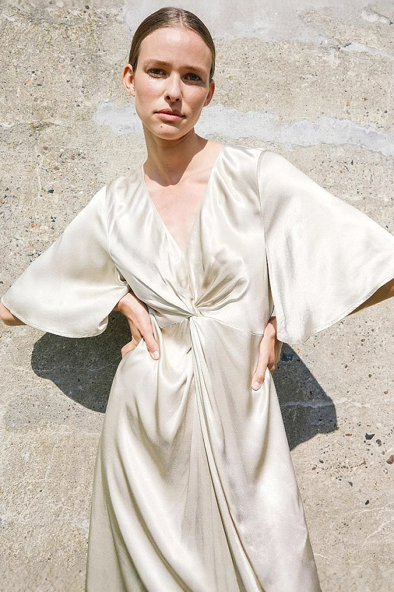 Seola Ivory Satin Twist-Front Maxi Dress