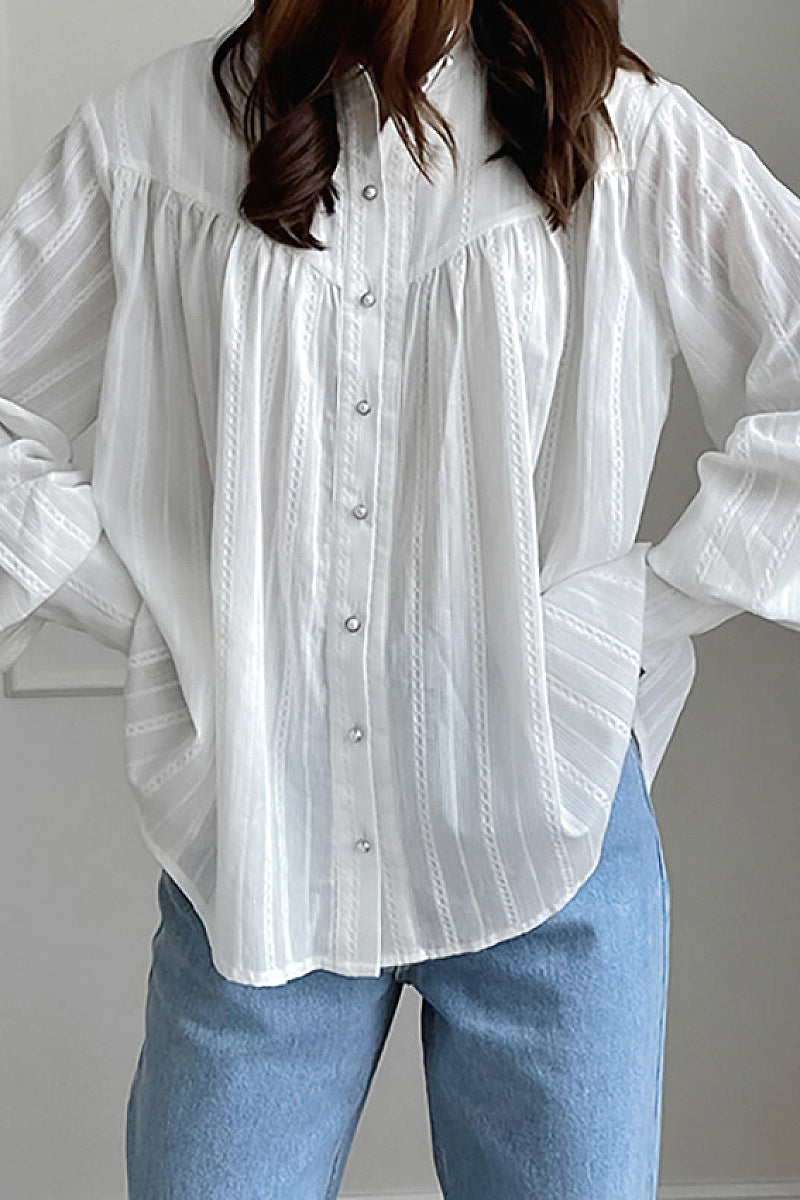 Jiwoo White Gathered Balloon-Sleeve Blouse