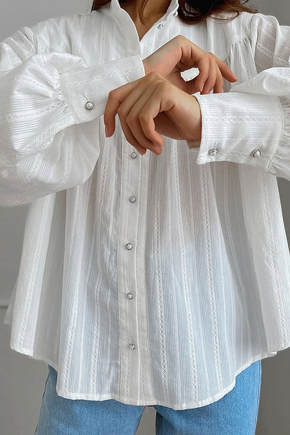 Jiwoo White Gathered Balloon-Sleeve Blouse
