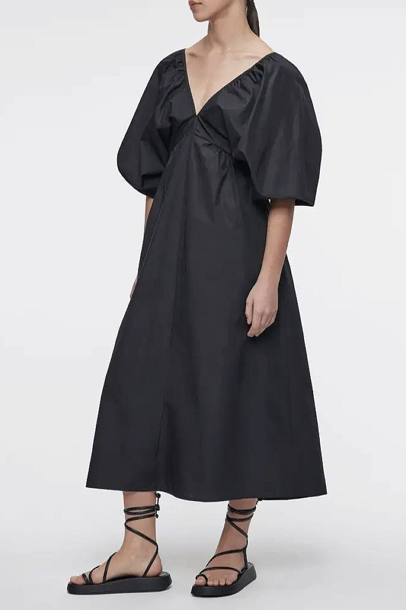 Seoa V-Neck Puff-Sleeve Midi Dress