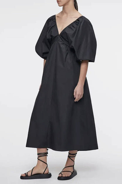 Seoa V-Neck Puff-Sleeve Midi Dress