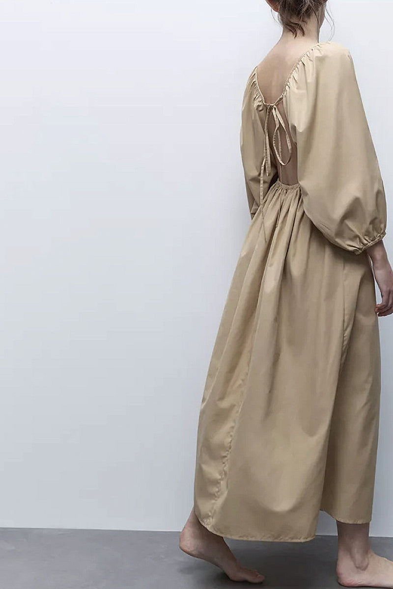 Seoa V-Neck Puff-Sleeve Midi Dress