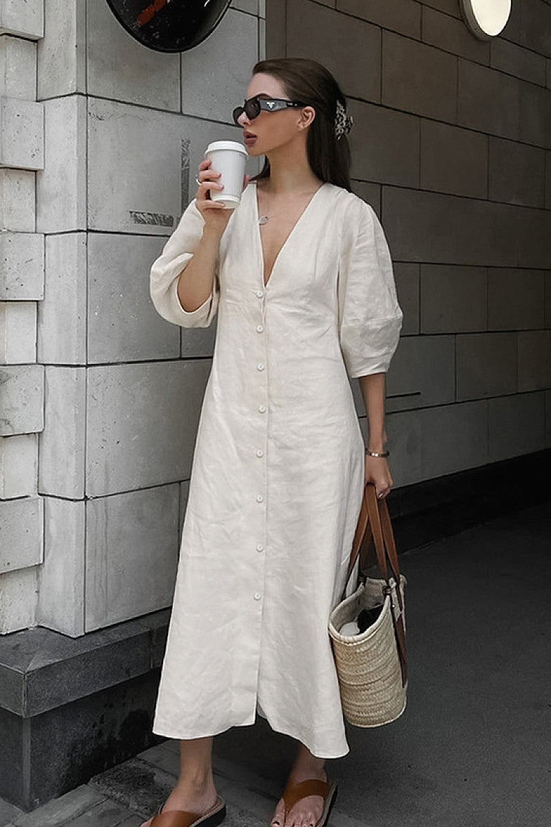 Bora Linen Puff-Sleeve Dress