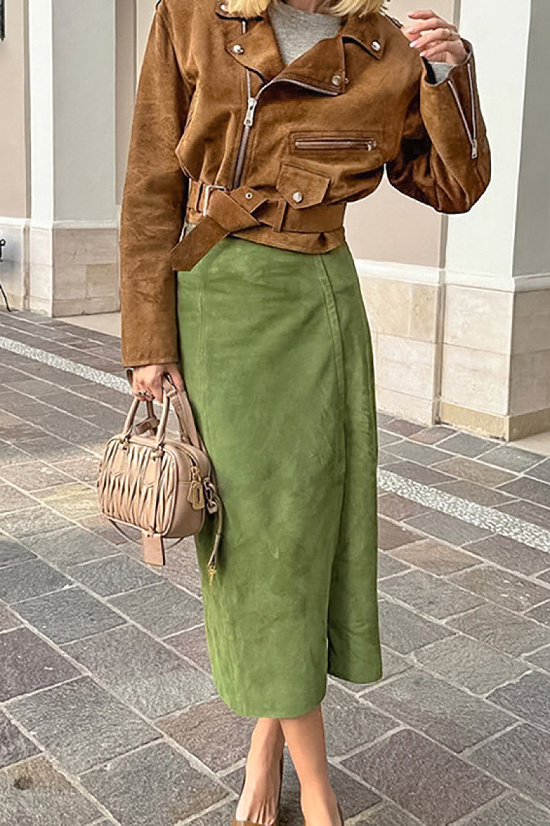 Sua Avocado Suede Midi Skirt