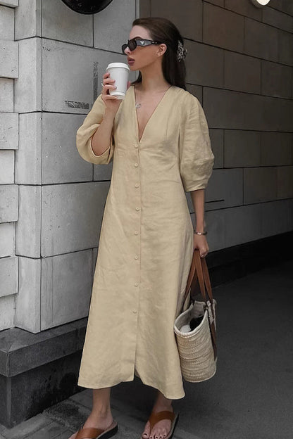 Bora Linen Puff-Sleeve Dress