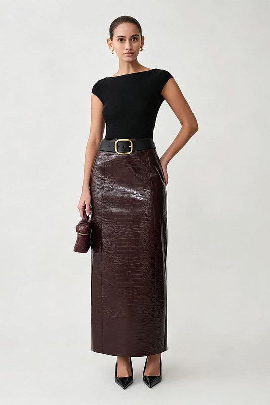 Hada Burgundy Croc-Effect Maxi Skirt