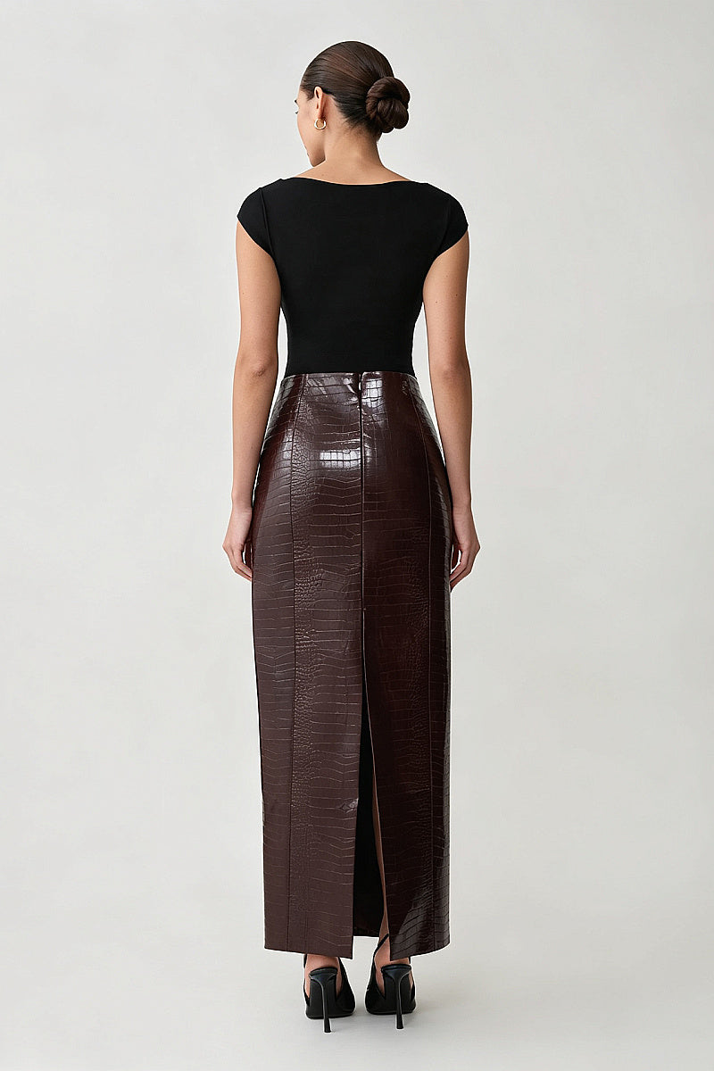 Hada Burgundy Croc-Effect Maxi Skirt