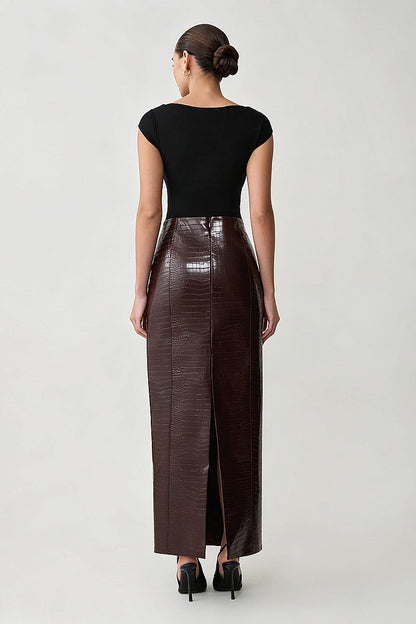 Hada Burgundy Croc-Effect Maxi Skirt
