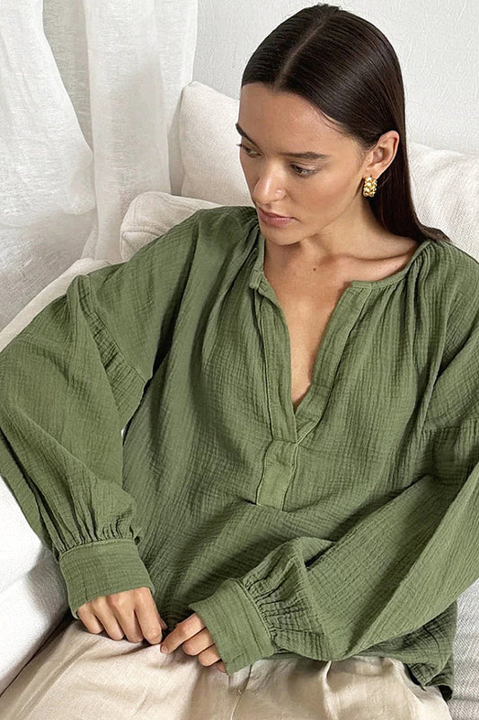 Rian Olive Lantern-Sleeve Shirt