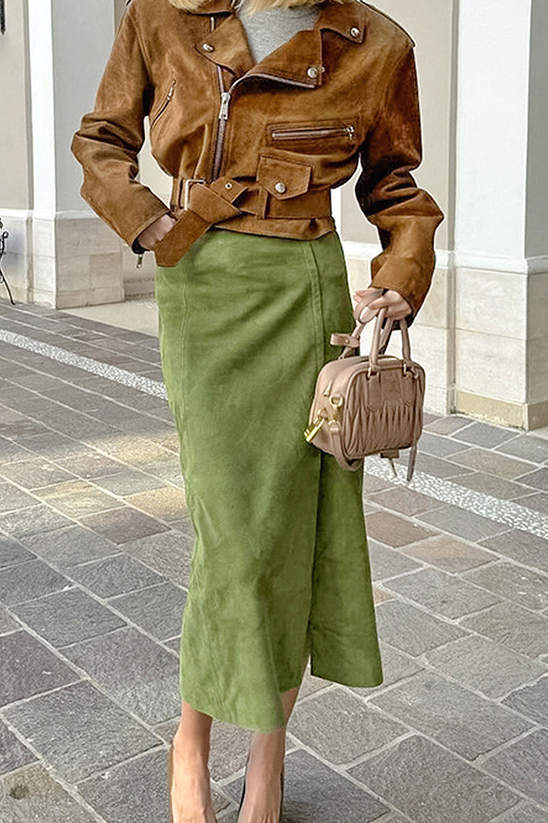 Sua Avocado Suede Midi Skirt