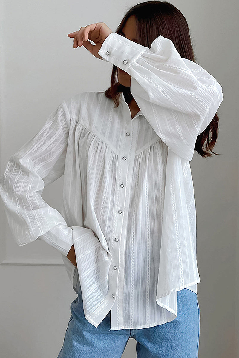Jiwoo White Gathered Balloon-Sleeve Blouse