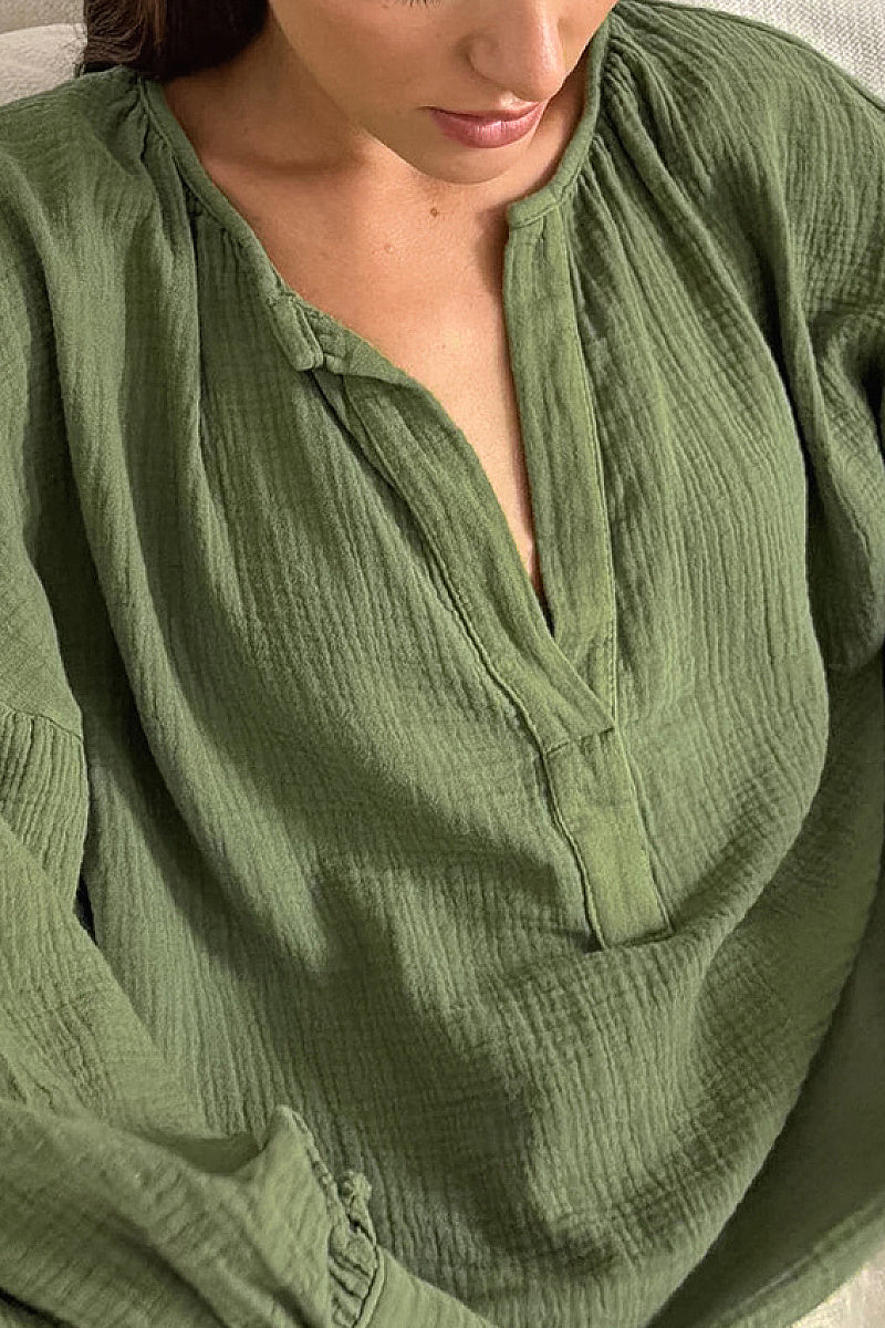 Rian Olive Lantern-Sleeve Shirt
