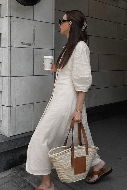 Bora Linen Puff-Sleeve Dress