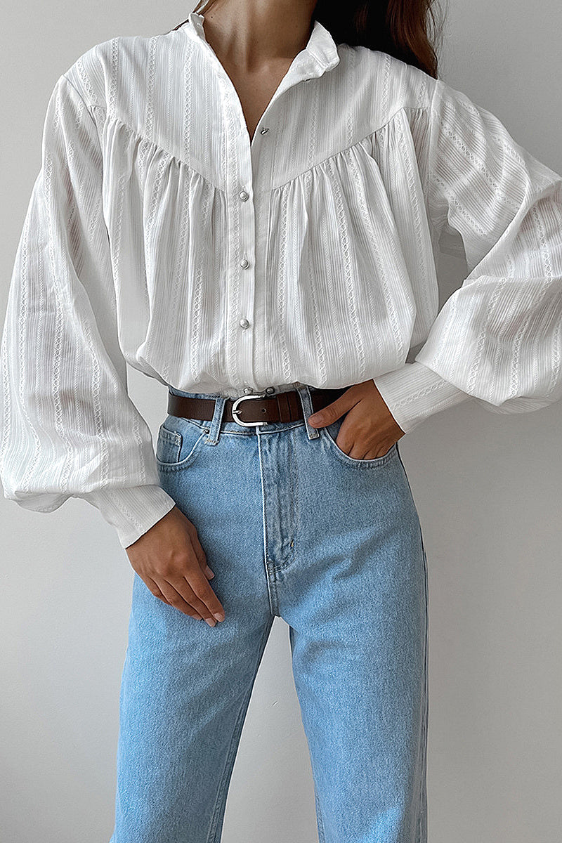 Jiwoo White Gathered Balloon-Sleeve Blouse