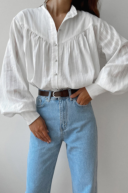 Jiwoo White Gathered Balloon-Sleeve Blouse