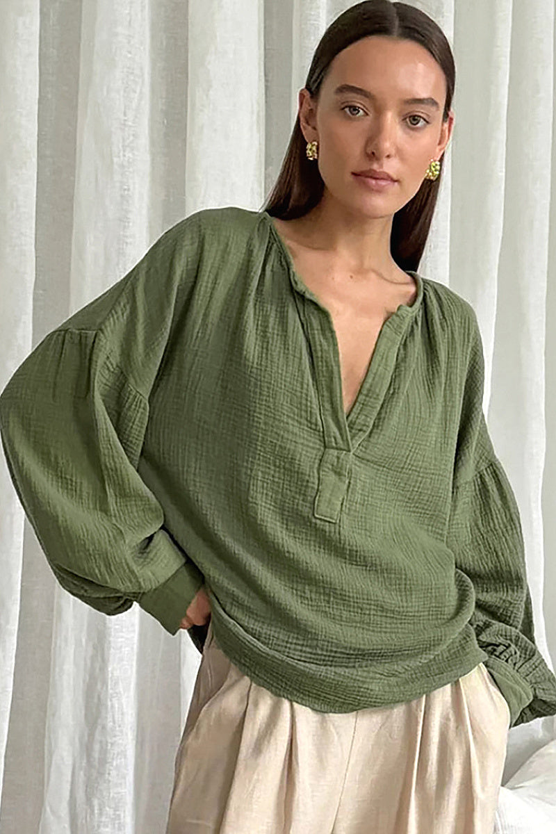 Rian Olive Lantern-Sleeve Shirt