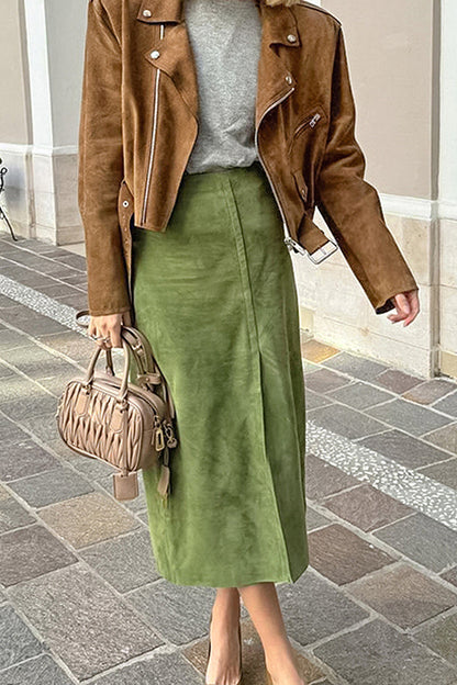 Sua Avocado Suede Midi Skirt