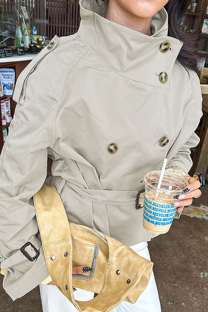 Jiwon Stand-Collar Belted Short Coat