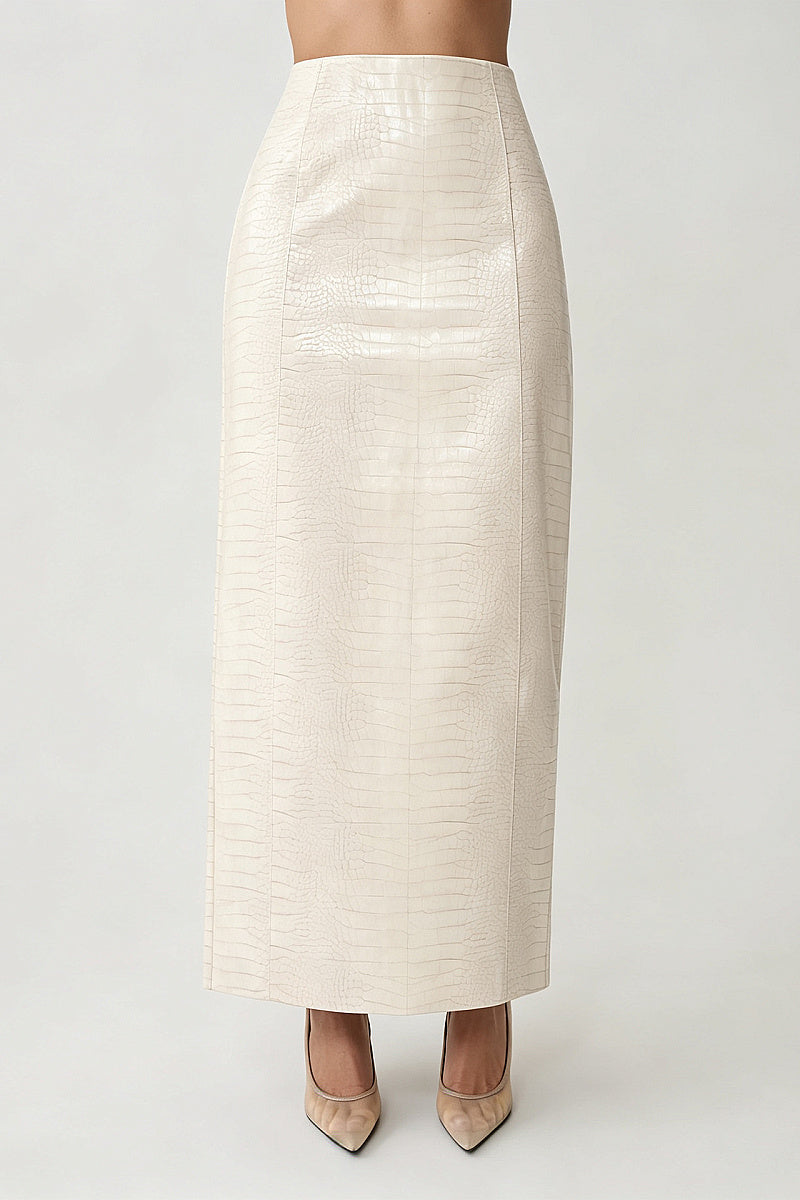 Hada Burgundy Croc-Effect Maxi Skirt