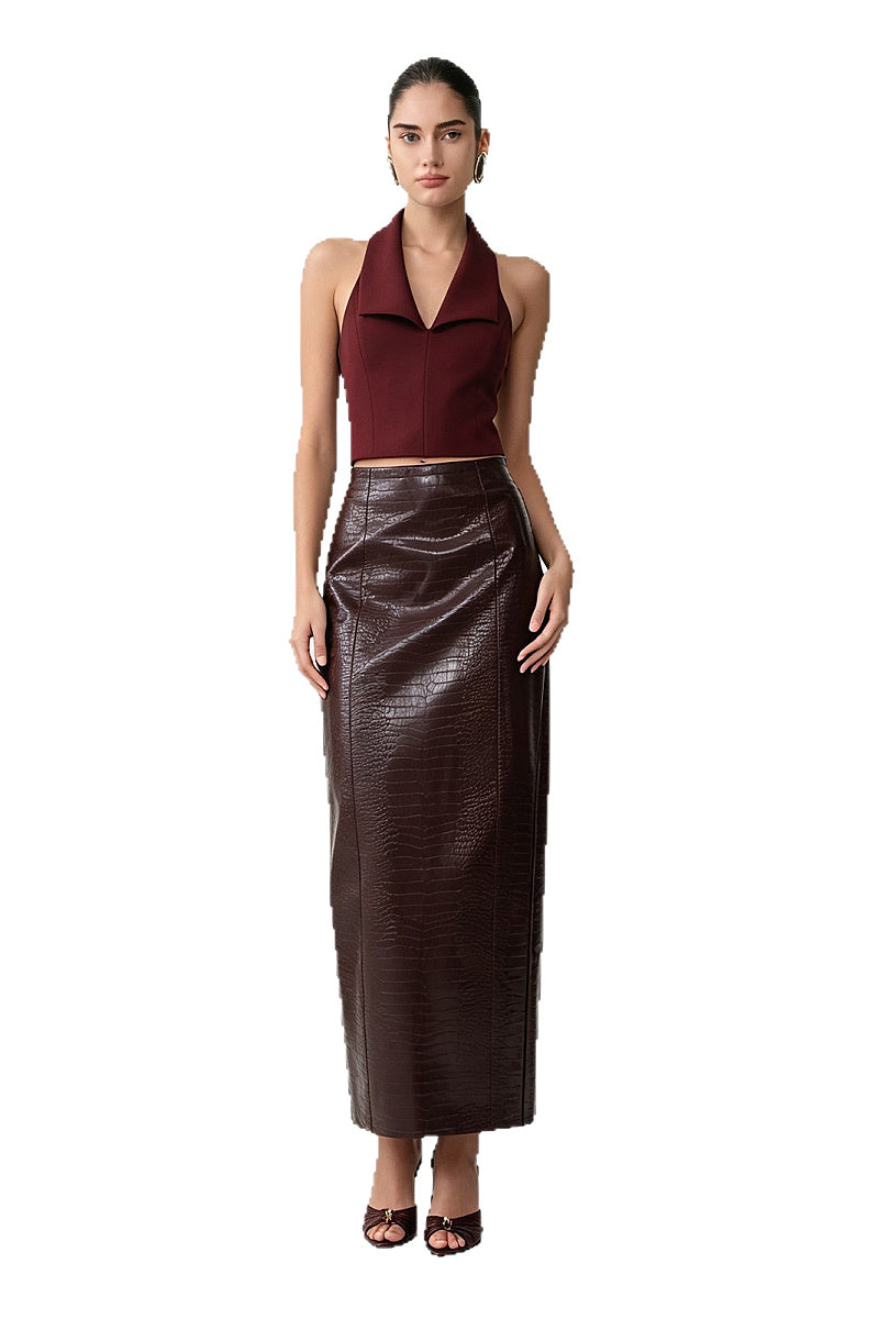 Hada Burgundy Croc-Effect Maxi Skirt