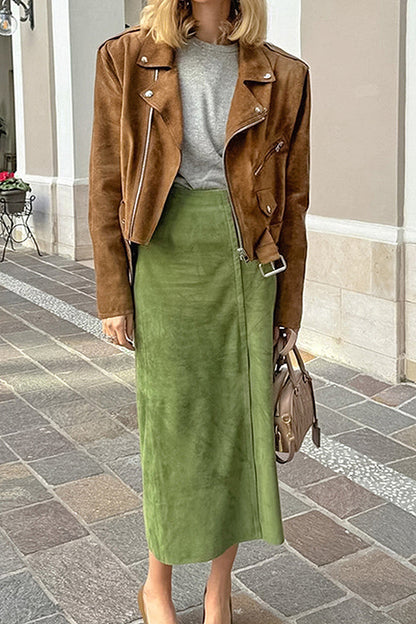 Sua Avocado Suede Midi Skirt