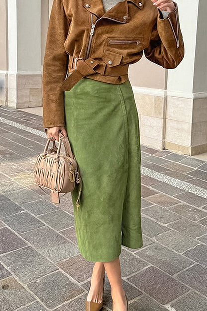 Sua Avocado Suede Midi Skirt